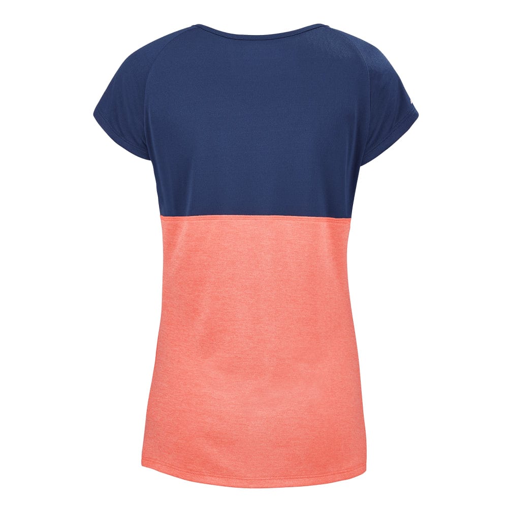 The Babolat Play Women's Cap Sleeve Tennis Top, by Babolat, is a short-sleeved shirt featuring a split design with an Estate Blue upper half and a Fluo Strike lower half. Crafted from Fiber Dry-polyester, this training t-shirt is showcased against a plain white background.