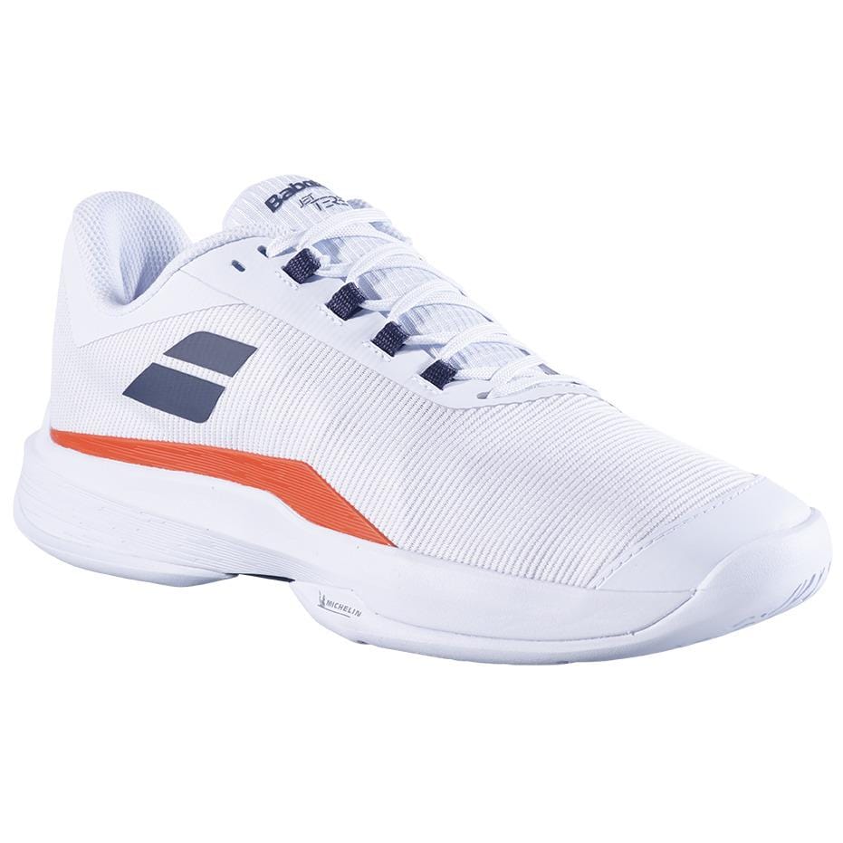 The Babolat Jet Tere 2 2024 Men's Tennis Shoes are ultra-lightweight with a low-top design, featuring white and strike red accents. Designed for comfort and stability, they offer a textured surface, lace-up closure, and a rubber sole for excellent grip on the court.