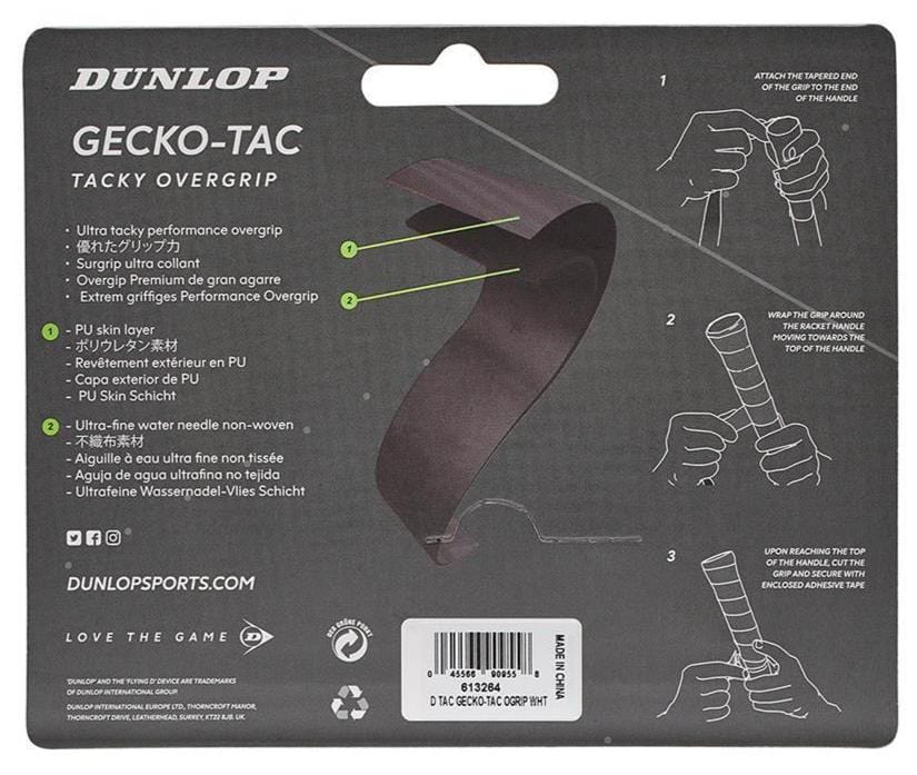 The Dunlop Gecko-Tac Tennis Overgrip - 3 Pack - White packaging highlights improved control through its tacky surface technology. It features product information in several languages, a barcode located at the bottom, and illustrations that show how to easily attach the overgrip to a tennis racket handle.