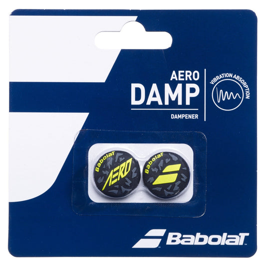 The packaging for the Babolat Aero Damp X2 Tennis Dampener - Black / Yellow, a product by Babolat designed to minimize vibrations for Pure Aero racquet users, contains two black dampeners adorned with yellow and white logos inside a blue and white cardboard display.
