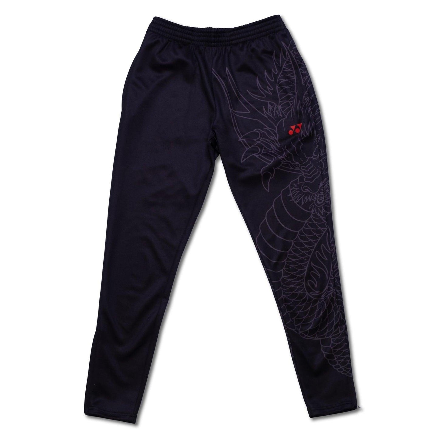 Introducing the Yonex CNY2024 Linear Dragon Unisex Tennis Tracksuit Pants in black: athletic wear featuring a subtle Linear Dragon design on one leg and a small red logo on the upper thigh. With an elastic waistband and a tapered fit, these pants offer the perfect combination of style and comfort for any activity.