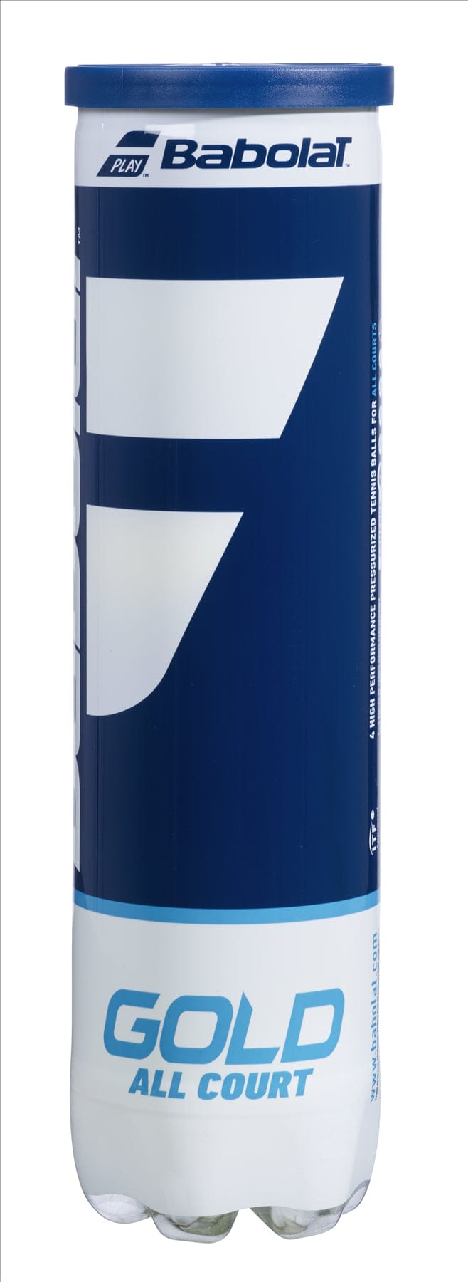 A tube of Babolat EVO Gold All Court Tennis Balls (4 Ball Tube), showcasing a blue and white design with the iconic Babolat logo prominently displayed at the top.