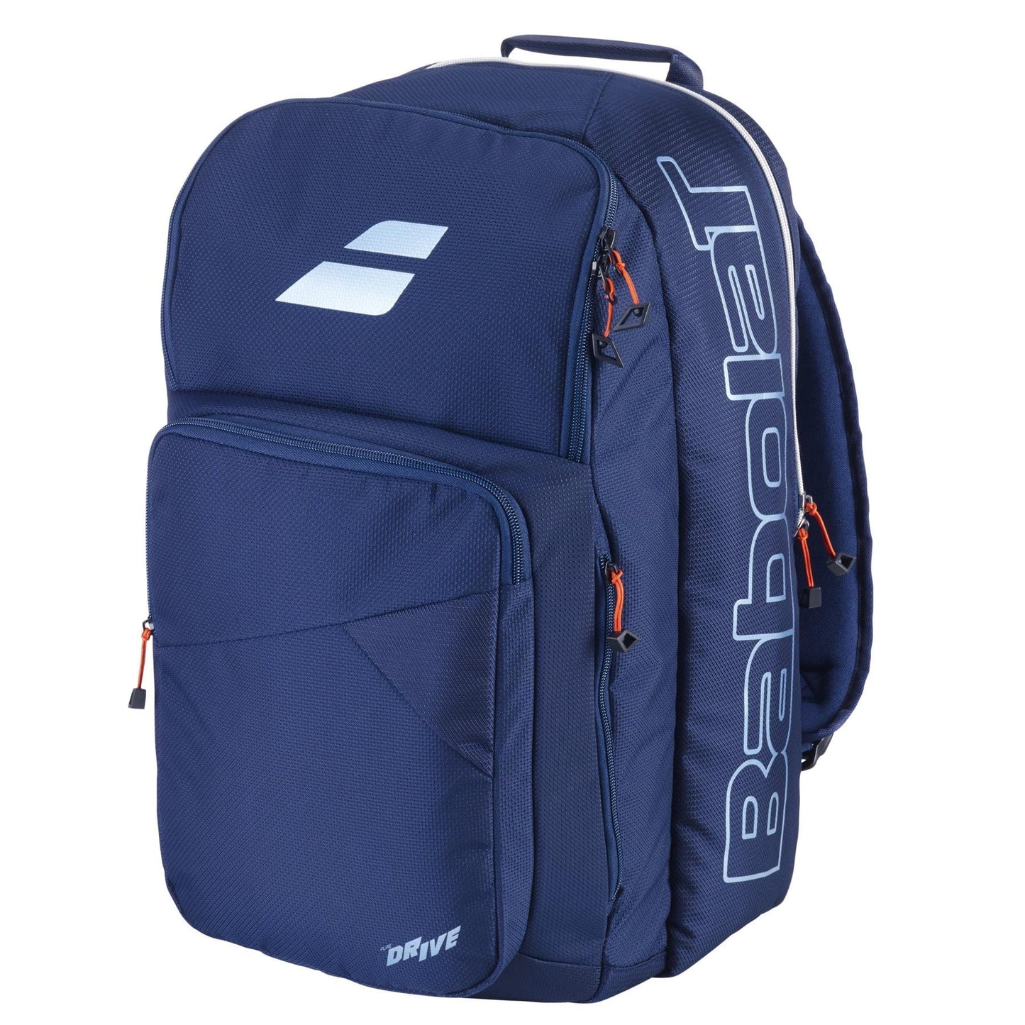 The Babolat Pure Drive Tennis Backpack in blue includes multiple zippered compartments and is made from durable recycled polyester, with the brand name displayed vertically and contrasting orange zipper accents.