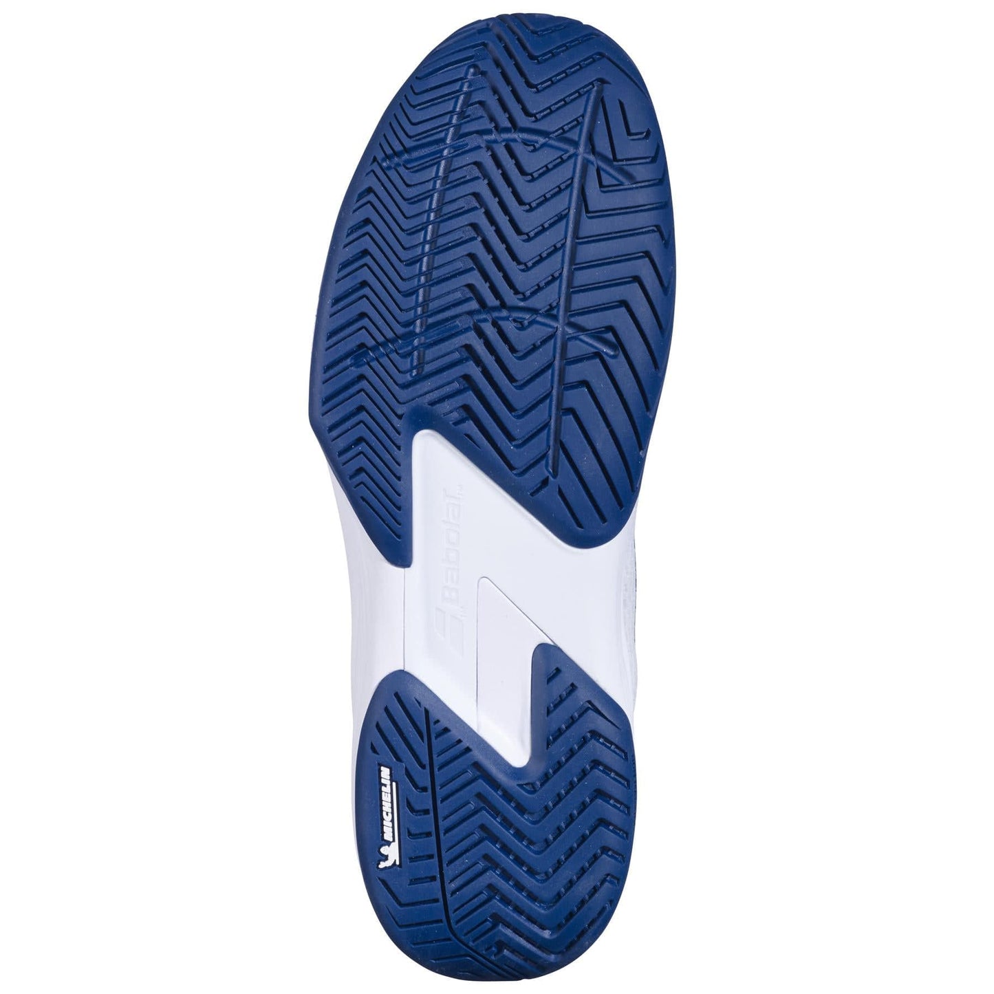 The image displays the sole of the Babolat SFX 4 All Court 2025 Men's Tennis Shoes in White/Estate Blue. It has a blue herringbone pattern crafted from Michelin Original rubber for excellent grip, with brand logos near the heel. The white midsection emphasizes durability for outdoor play.