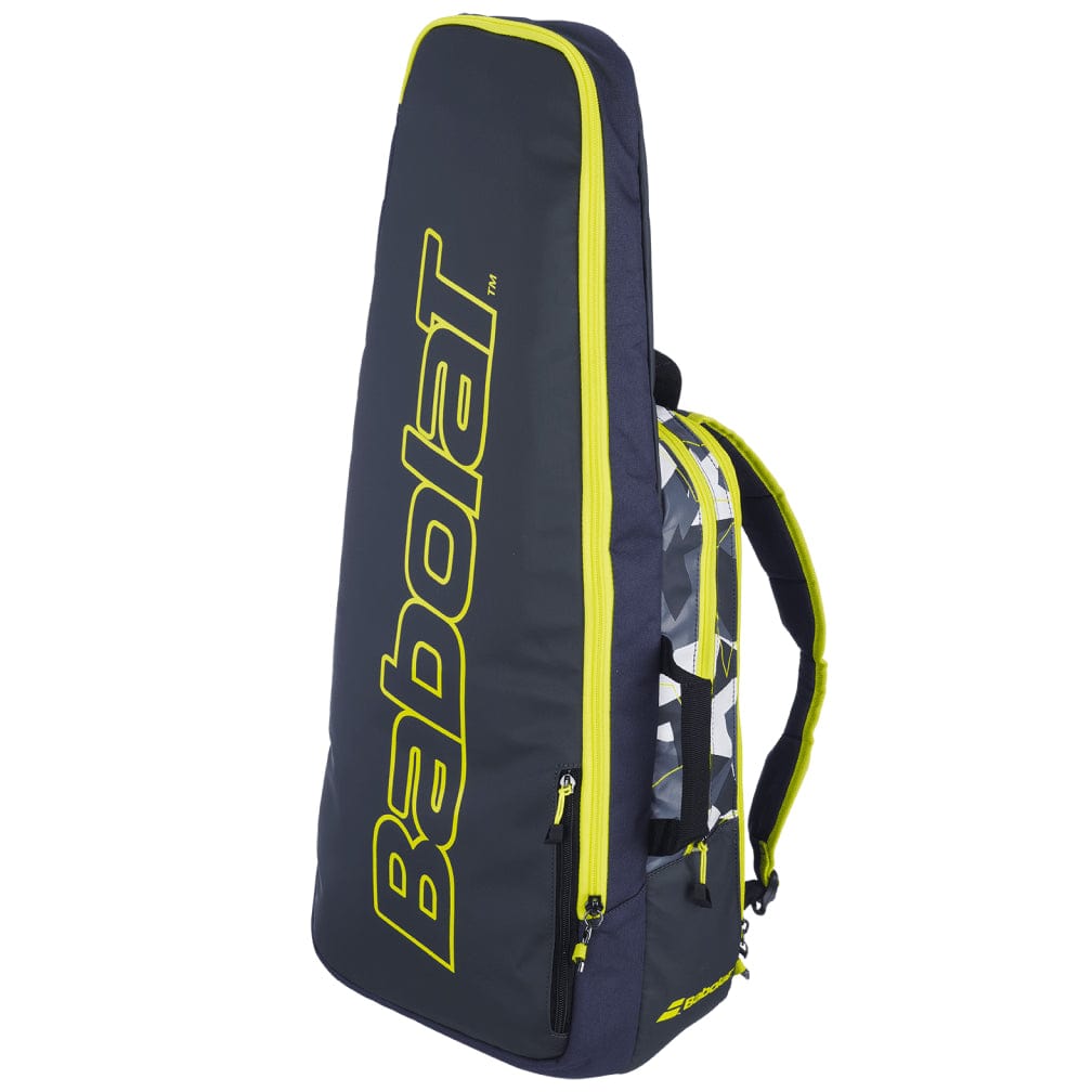 The Babolat Pure Aero Tennis Backpack in black is expertly designed to accommodate multiple rackets, featuring zippered compartments, an isothermal insulated section for tennis essentials, and a convenient shoulder strap for easy carrying.