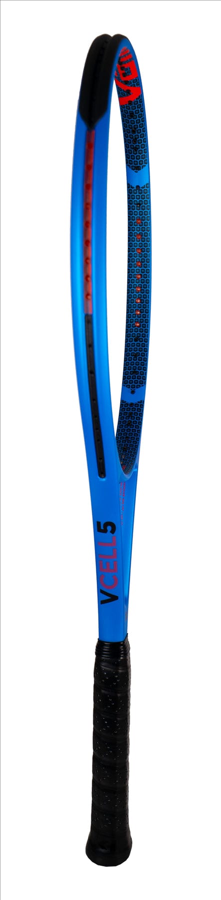 A blue and red Volkl V-Cell 5 tennis racket, featuring distinctive "V" branding on the frame and a black grip. This lightweight racket is sold as a frame only, emphasizing its sleek design with the side view not revealing the strings.