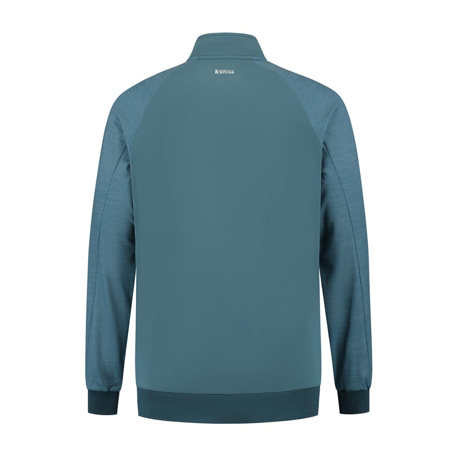 The K-Swiss Hypercourt Men's Tennis Tracksuit Jacket 7 in Stargazer/White features a back view with a high collar, long sleeves, ribbed hem and cuffs, and subtle textured sleeve pattern. The brand logo is on the upper back, perfect for performance players.