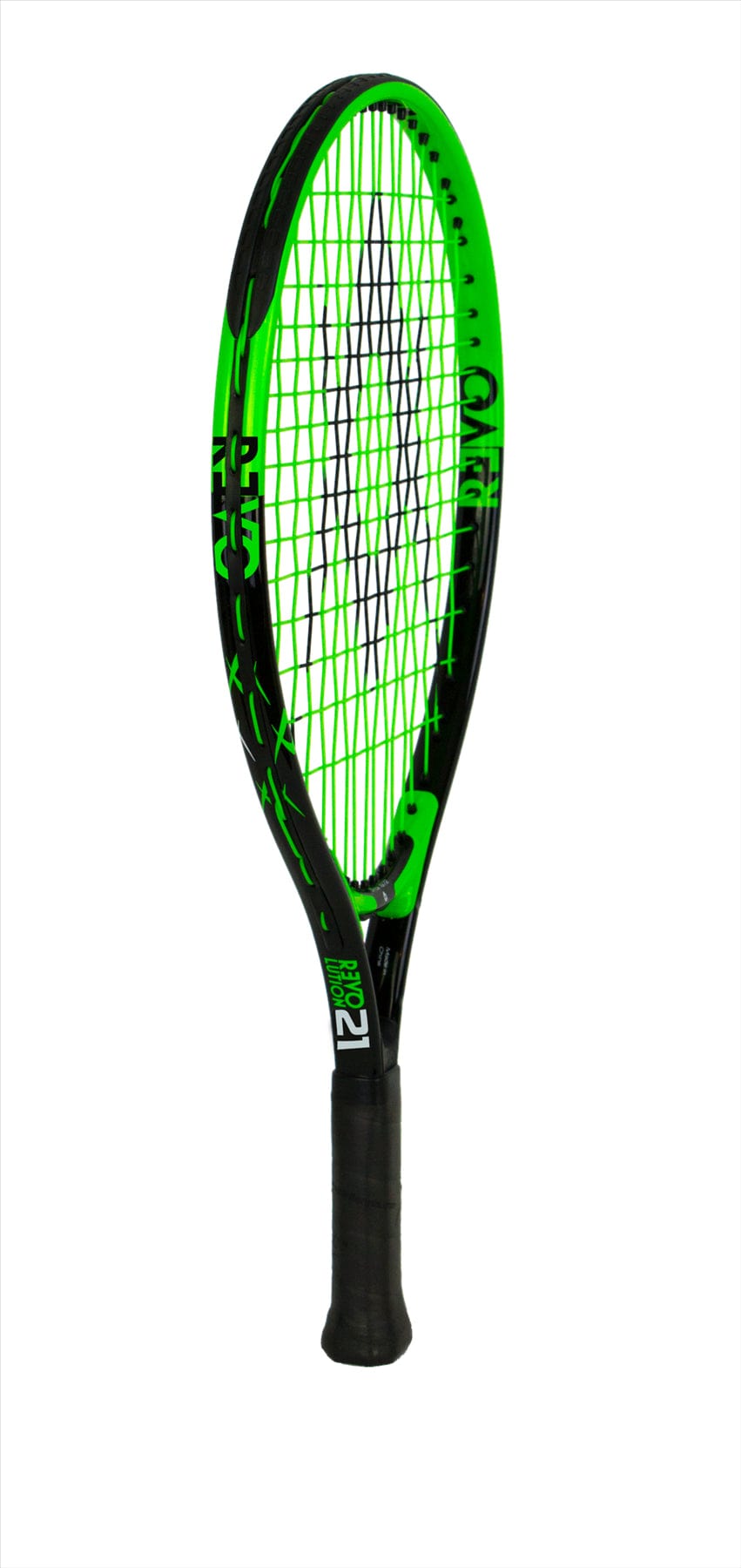 The Volkl Revolution 21 Junior Tennis Racket - Black / Green - G0000, crafted by Volkl, is designed with a mesh pattern on the head set against a sleek white background. Ideal for young athletes, it boasts a handle wrapped in black grip tape to offer enhanced control.