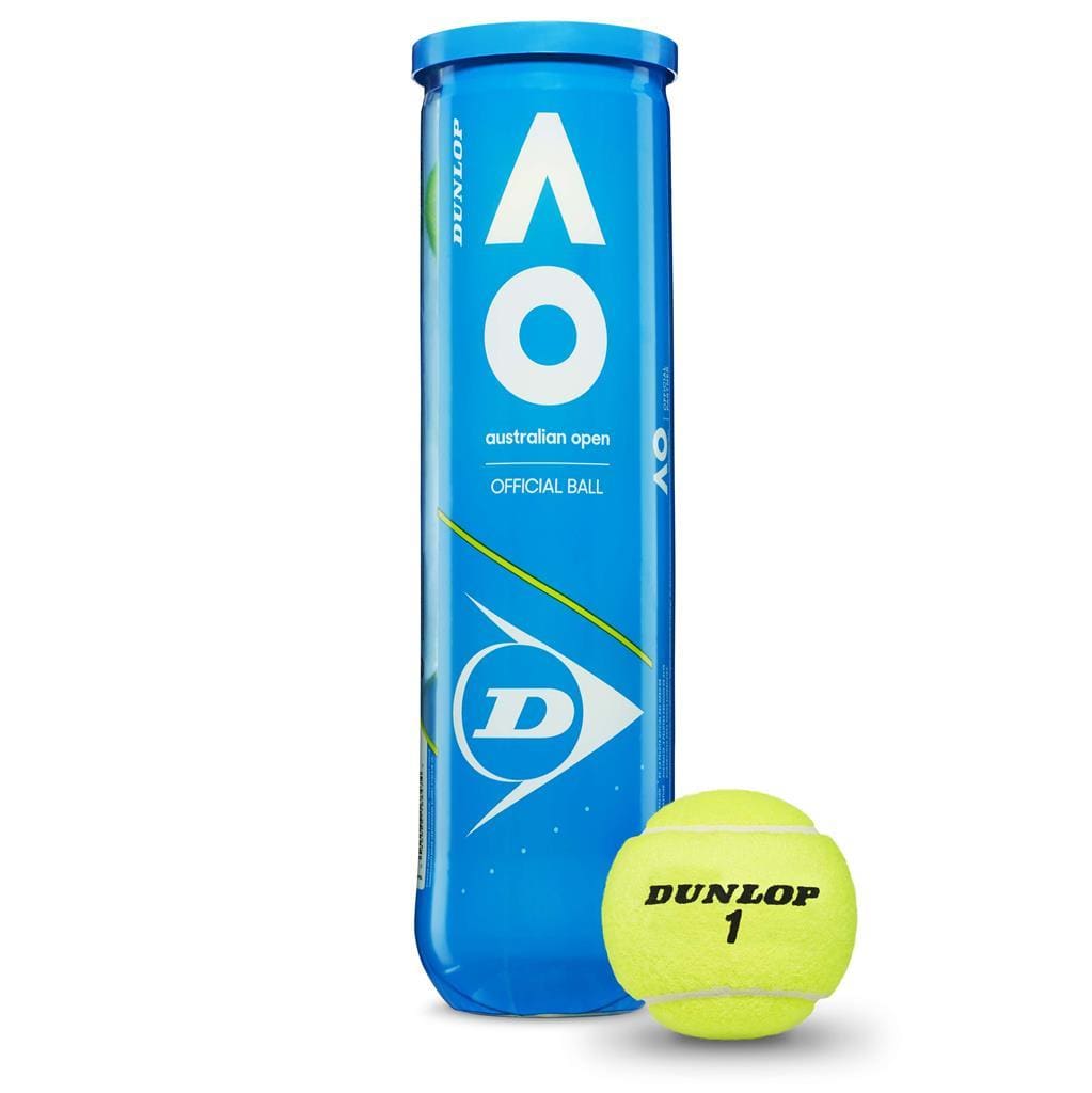 A tube of Dunlop Australian Open Tennis Balls, featuring a blue cylindrical design with "Australian Open Official Ball" text, is accompanied by a single fluorescent yellow ball marked "Dunlop 1." These tennis balls boast HD Core technology to enhance performance.