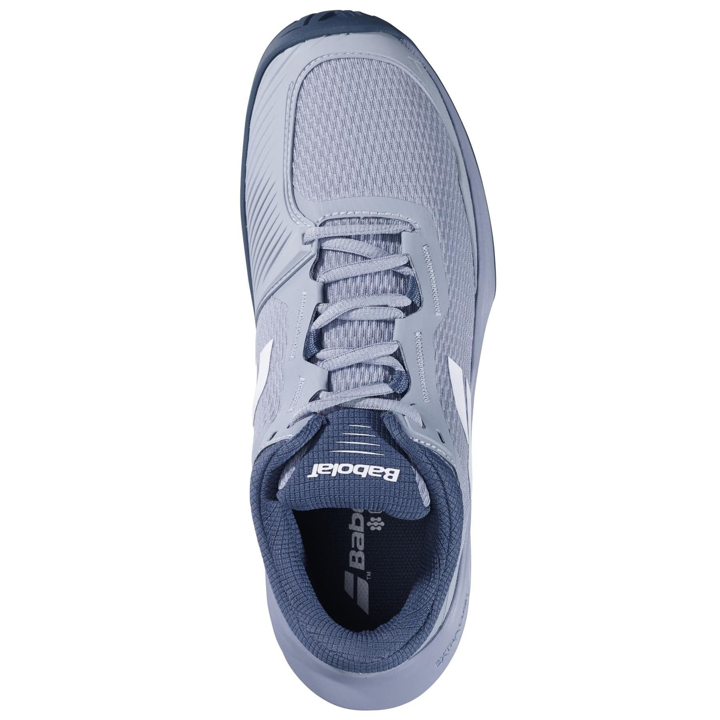 Top view of a gray Babolat SFX 4 All Court 2025 tennis shoe featuring a mesh upper, darker accents, and lace-up design. The brand logo is on the tongue. It includes Michelin Original rubber for durability, ideal for all-court play.