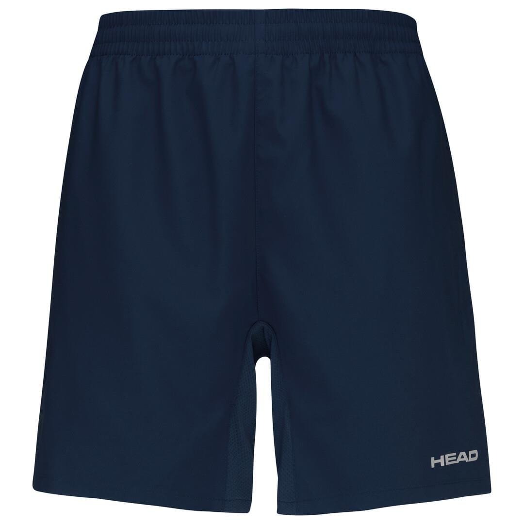 Dark blue tennis shorts from HEAD featuring MXM technology for optimal moisture transfer. These shorts include an elastic waistband and showcase the brand "HEAD" elegantly printed in white on the lower left side.