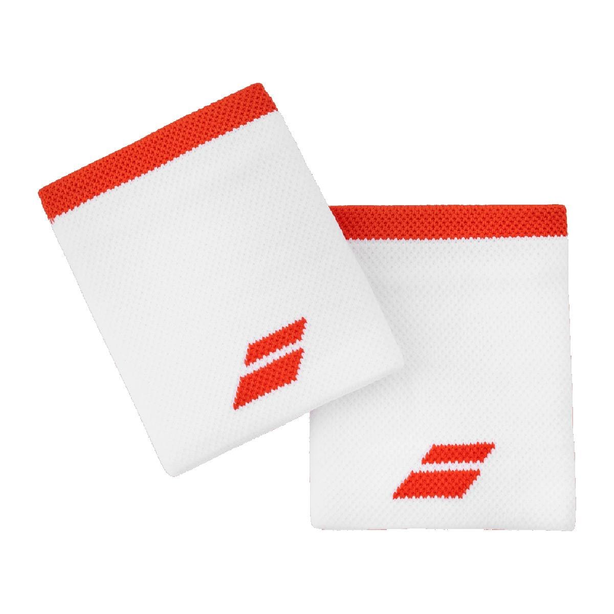 Two Babolat Logo Jumbo Wristbands in White / Fiesta Red, made from high-absorption terry material, showcase bold red edges and logos. They are elegantly laid flat on a white background.