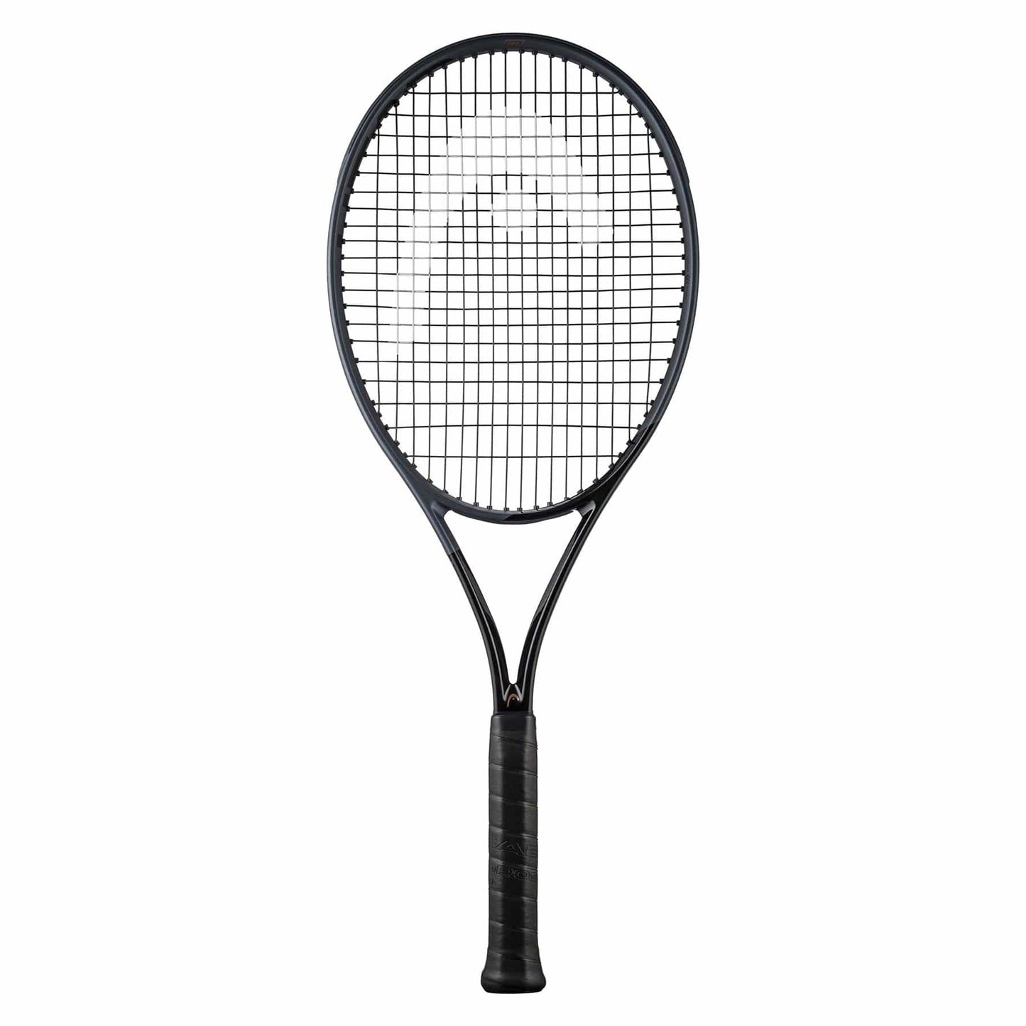 The HEAD Speed Pro LTD 2023 Tennis Racket - Black (Frame Only) from HEAD displays a sophisticated black design with Graphene Inside technology, complete with a mesh string pattern and a stylish black grip handle, set against a white background.