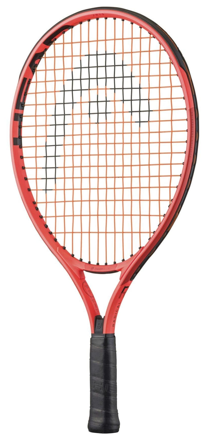 The HEAD Radical Junior 19 2025 Tennis Racket features an orange frame with black and red accents, a distinctive logo on the strings, and is displayed upright against a white background—perfect for young tennis players.