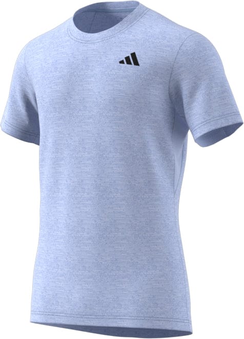 Blue Dawn ADIDAS Men's Freelift Tennis T-Shirt featuring AEROREADY technology for optimal cooling and a small black logo on the left chest, displayed on a plain white background.