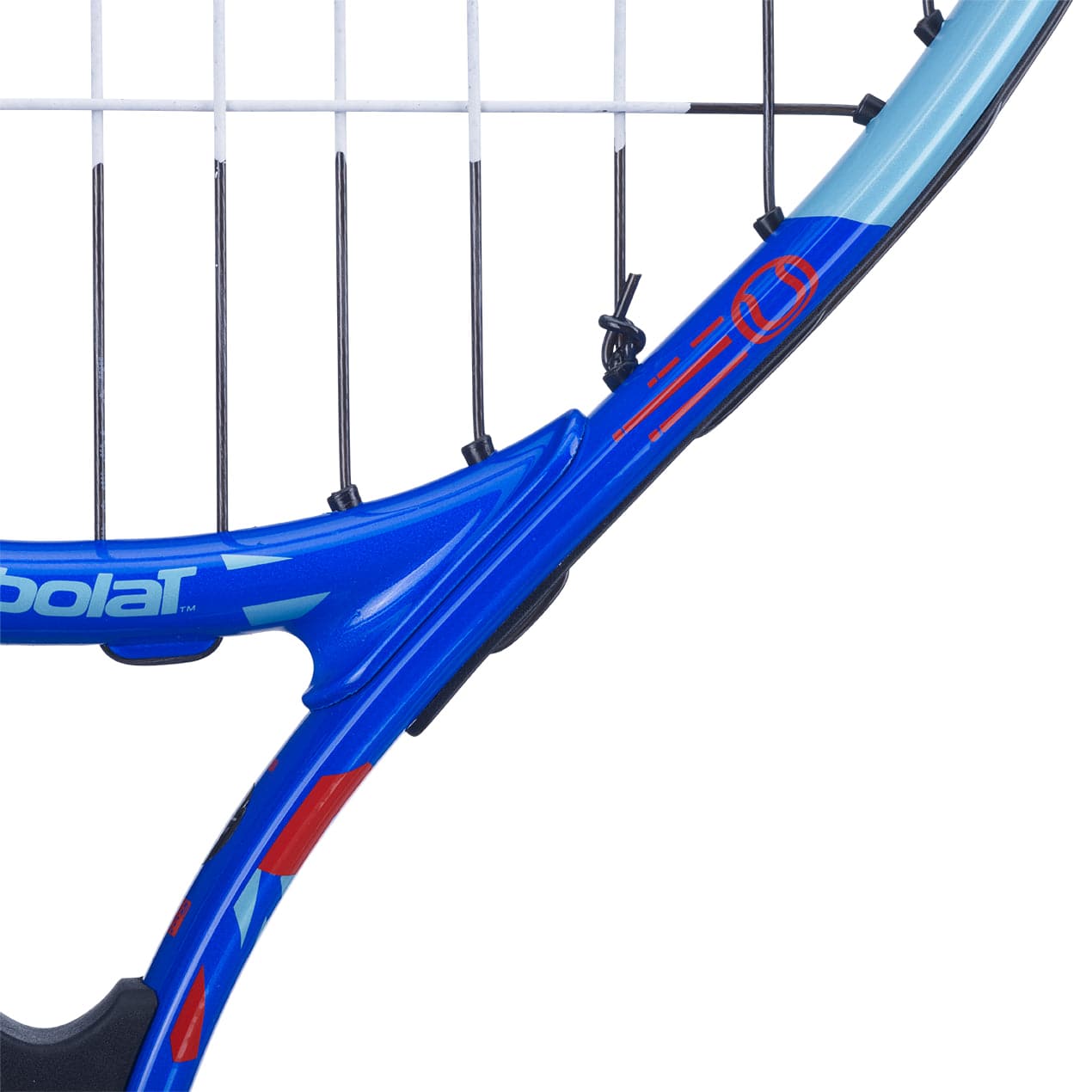 A detailed view of the Babolat BallFighter 21 Junior Tennis Racket showcases its blue and red frame with white strings, making it ideal for beginners' tennis lessons. The design includes a vibrant blue handle with a black grip, perfect for teaching grip techniques, while part of the Babolat logo is visible.