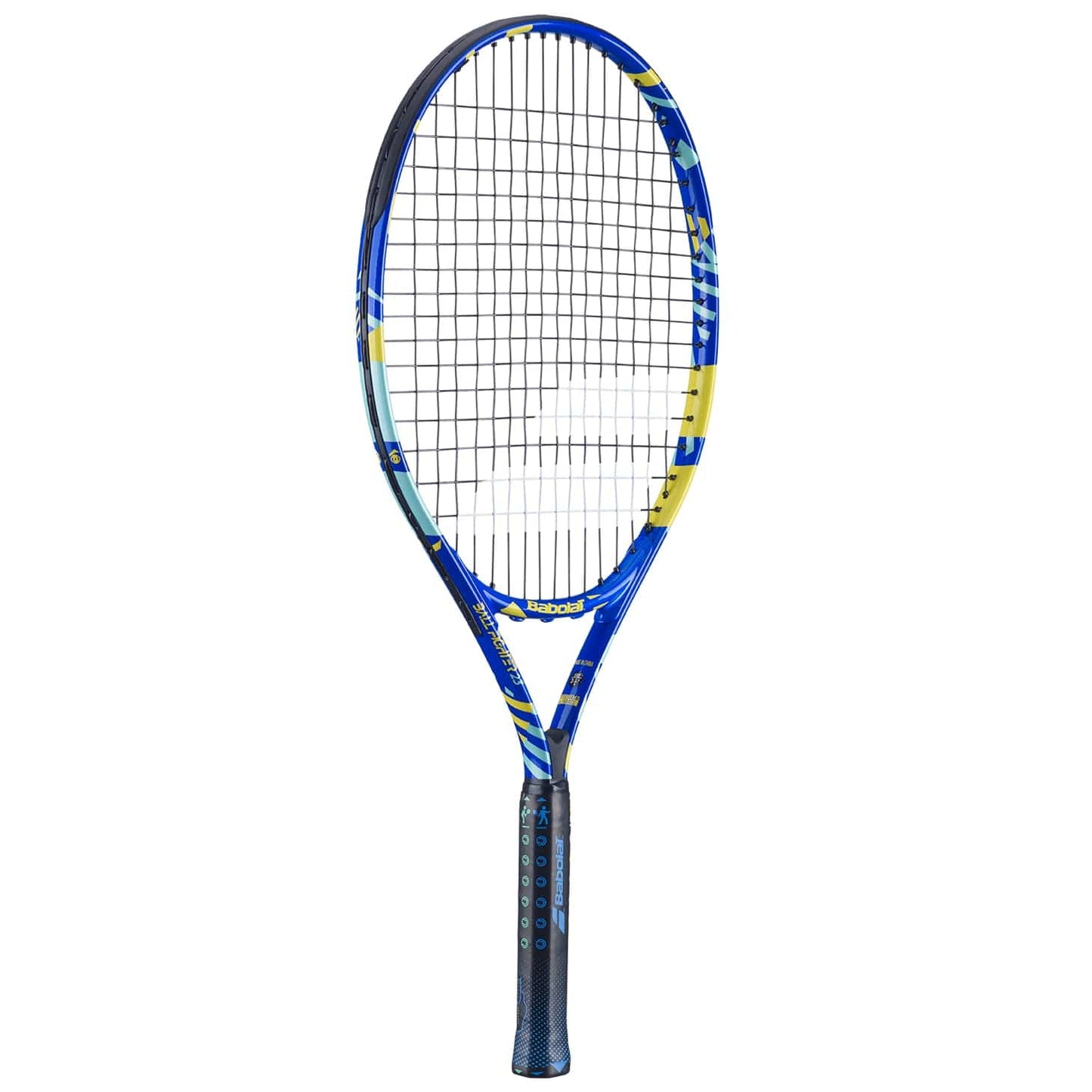 The Babolat BallFighter 25 Junior Tennis Racket, designed in blue and yellow, features a black teaching grip and strings set against a plain white background.