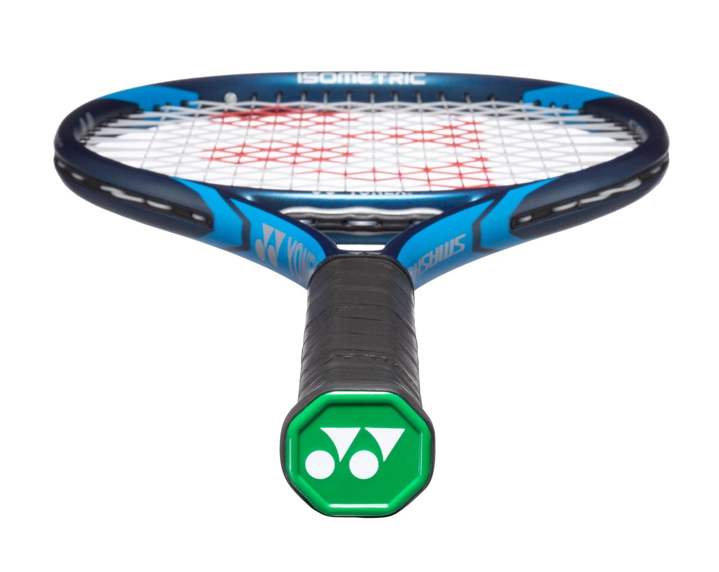 Close-up of the Yonex Smash Team Tennis Racket - Deep Blue showcasing a black grip, a deep blue and black frame, and white strings. The racket features ISOMETRIC™ technology that enhances the diagonal pattern with red accents. The handle displays a green logo with a white design, combining visual appeal with user-friendly attributes.