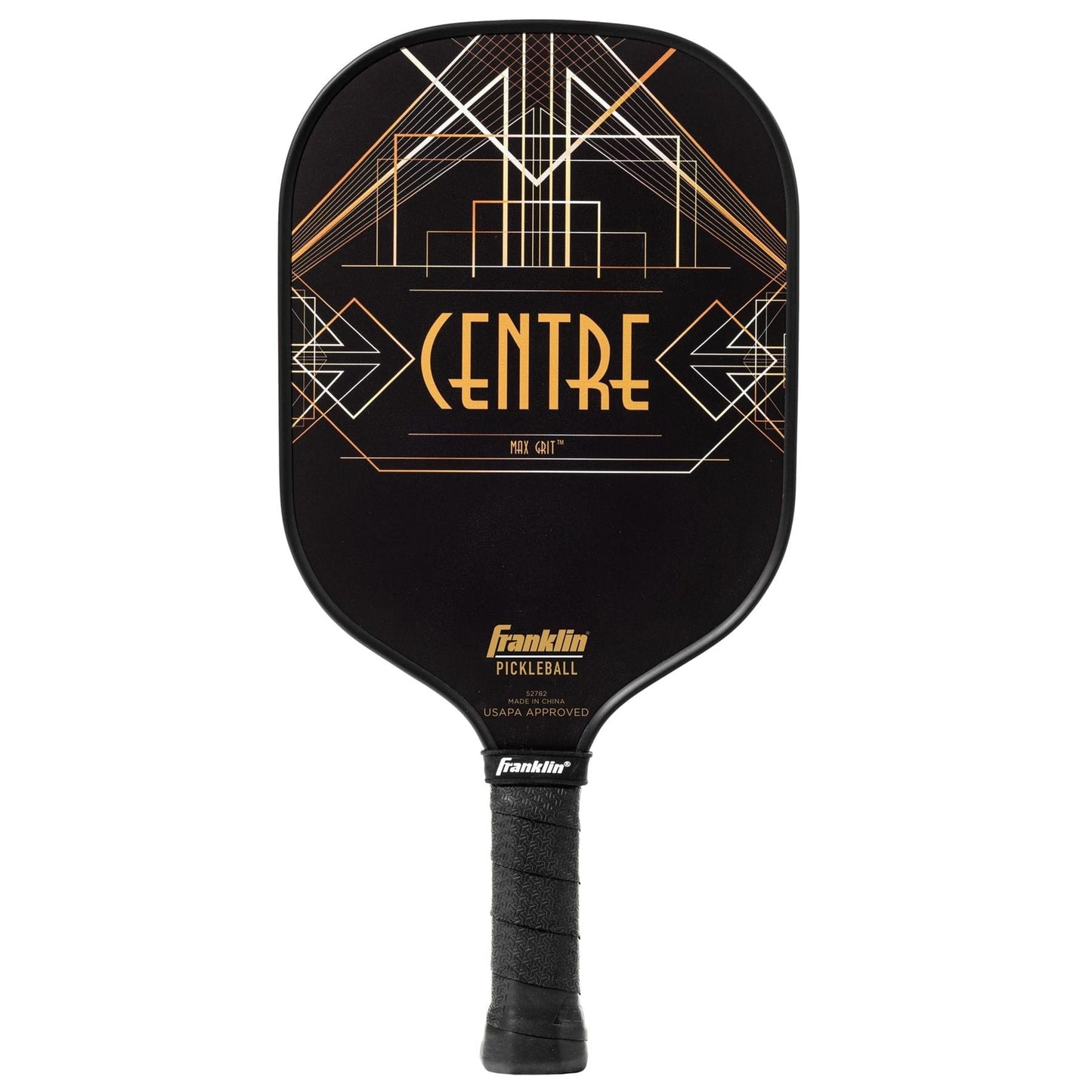 The Franklin Center Signature Pickleball Paddle in black features gold geometric designs, bold "CENTRE" lettering, a textured black grip, and Franklin branding—showcasing the quality of top paddles.