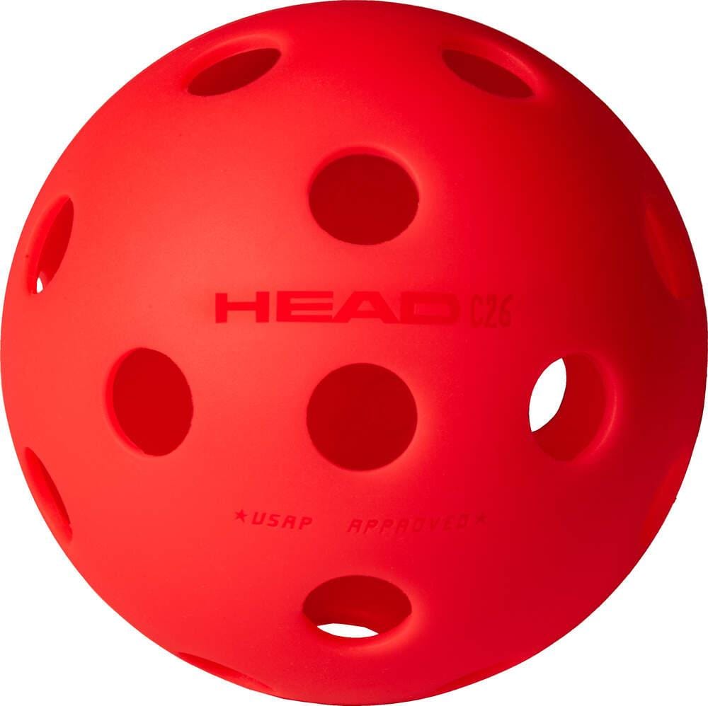 The HEAD Championship 26 Indoor Pickleball Balls (3 Ball, Red) feature multiple circular holes and "HEAD CHAMPIONSHIP 26," "USAPA approved," "HEAD," and "C26" printed on each ball.