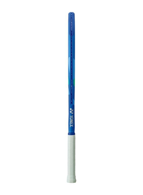 A Yonex EZONE Alpha 2025 Tennis Racket in Blast Blue with a white grip stands vertically against a plain white background. The brand name and logo on the neck highlight its ISOMETRIC design for improved precision.