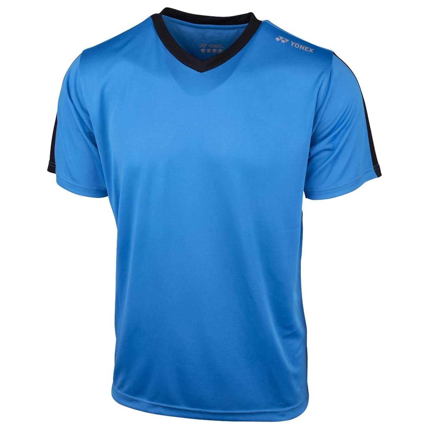 The Yonex YTM3 Men's Tennis T-Shirt in navy showcases a minimalist design with black accents on the shoulders and a black V-neck collar. Made from breathable polyester, it provides comfort and features the "Yonex" brand name prominently near the right shoulder.