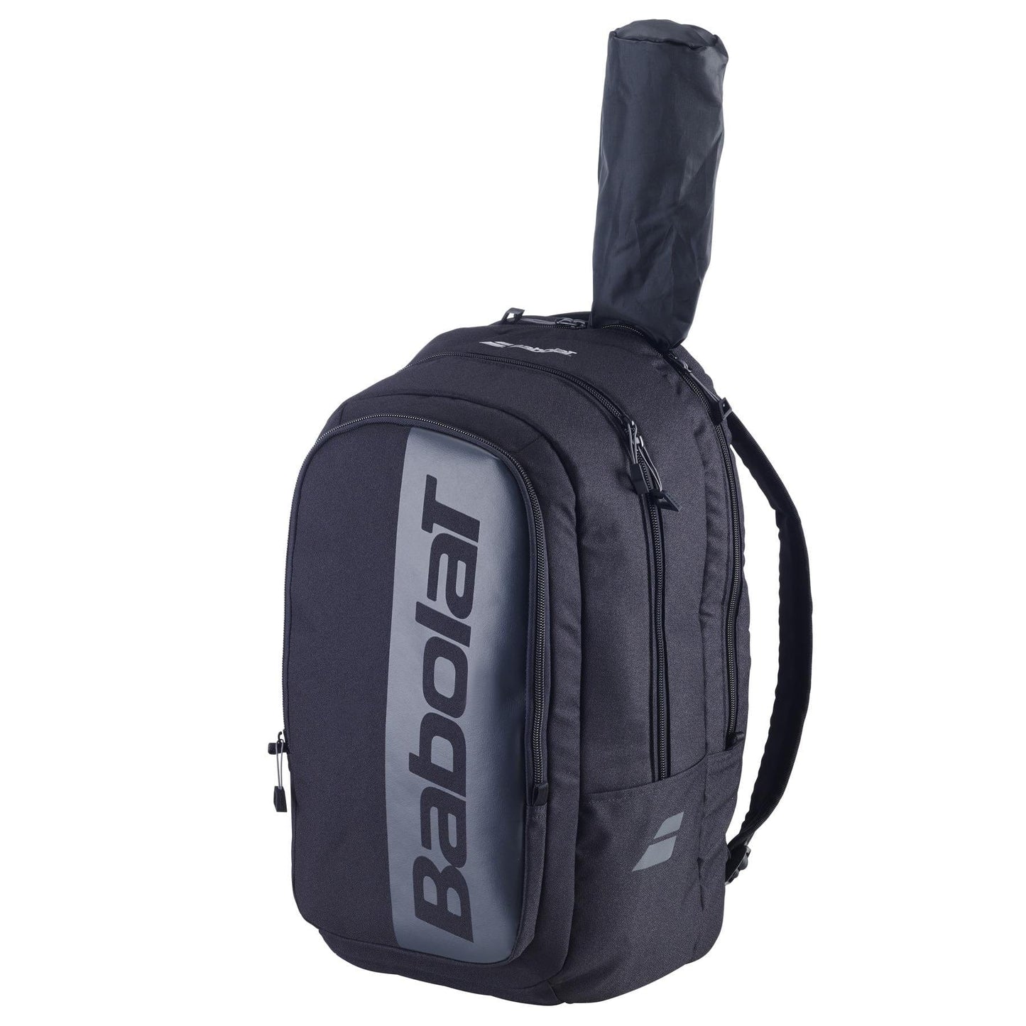 The black Babolat Court Hero Tennis Backpack is made from recycled PET and features multiple zippered compartments with a tennis racket partly visible in the back pocket. The Babolat logo is displayed vertically in silver on the front.