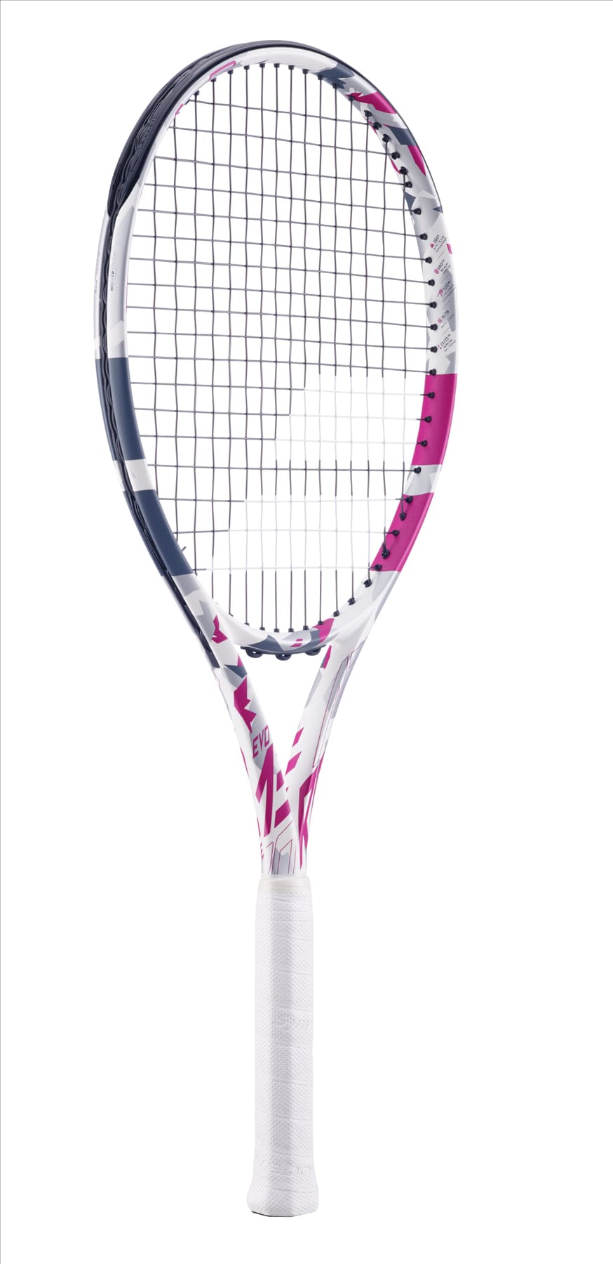 The Babolat Evo Aero Lite Tennis Racket - Pink boasts a vibrant design featuring a white frame embellished with pink, gray, and blue patterns. It offers a sleek and sporty look while balancing power and comfort. The handle is wrapped in white grip tape, and the strings are arranged in a standard grid pattern to enhance spin potential.