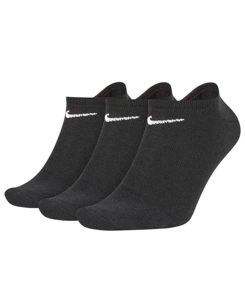 Three pairs from the Nike Unisex Ankle Socks - Black (3 Pack) collection are lined up side by side. Designed for comfort, each sock showcases a white swoosh logo near the cuff and incorporates sweat-wicking technology. They are neatly displayed against a pristine white background.