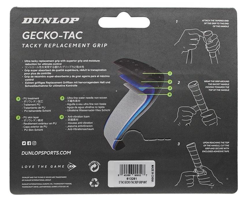 The packaging for the Dunlop Gecko-Tac Replacement Tennis Grip - White highlights installation instructions and features, focusing on its advanced tacky surface technology for superior grip and moisture absorption. It includes illustrations to guide users in attaching the grip to a tennis racket handle, thereby enhancing control during intense matches.