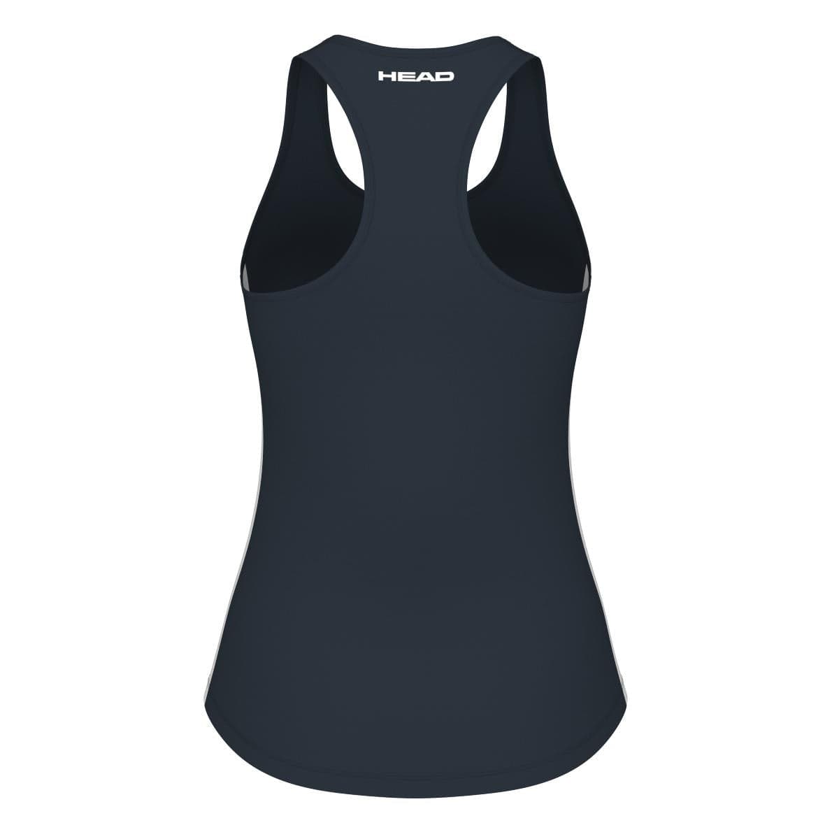The HEAD Spirit Women's Tennis Tank Top in navy features a sleeveless racerback design, making it ideal for sportswear. The brand logo "HEAD" is elegantly printed in white at the upper back. Crafted from moisture transfer microfibre, the fabric is smooth and lightweight, providing both comfort and performance.