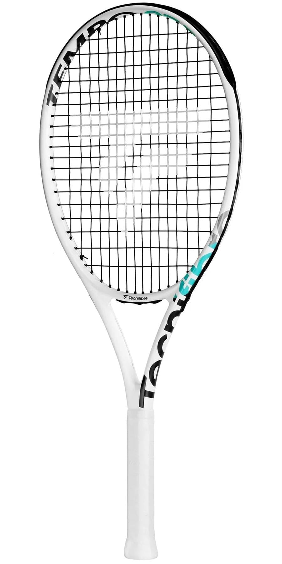 The Tecnifibre Tempo 265 Tennis Racket - White is a contemporary, lightweight, and powerful racket with a white frame and black and teal accents. Its stylish design, featuring black and gray grip and strings, makes it an ideal choice for club players looking for a dependable partner on the court.