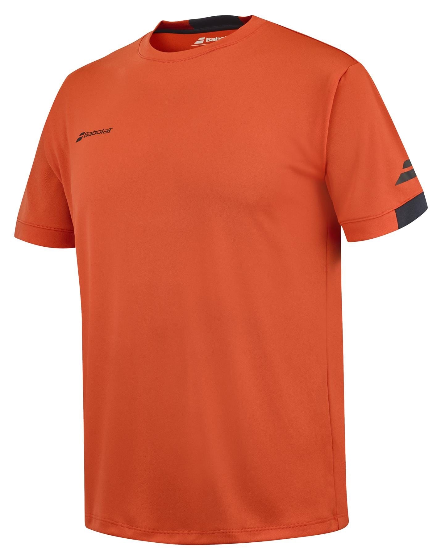 The Babolat Play Men's Crew Neck Tennis T-Shirt in Fiesta Red features Fiber Dry-polyester for a lightweight experience, accompanied by short sleeves and a classic round neckline. Its minimalist design includes two black Babolat logos—one placed on the chest and another on the sleeve—making it ideal for both sports and casual activities.