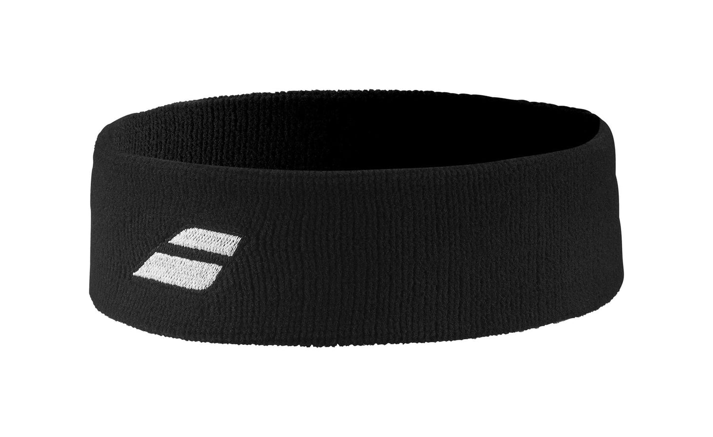 The Babolat Logo Tennis Headband in black boasts a sleek design with stretchy polyester fabric and a small white logo on the side, ensuring excellent sweat absorption for superior comfort during activities.