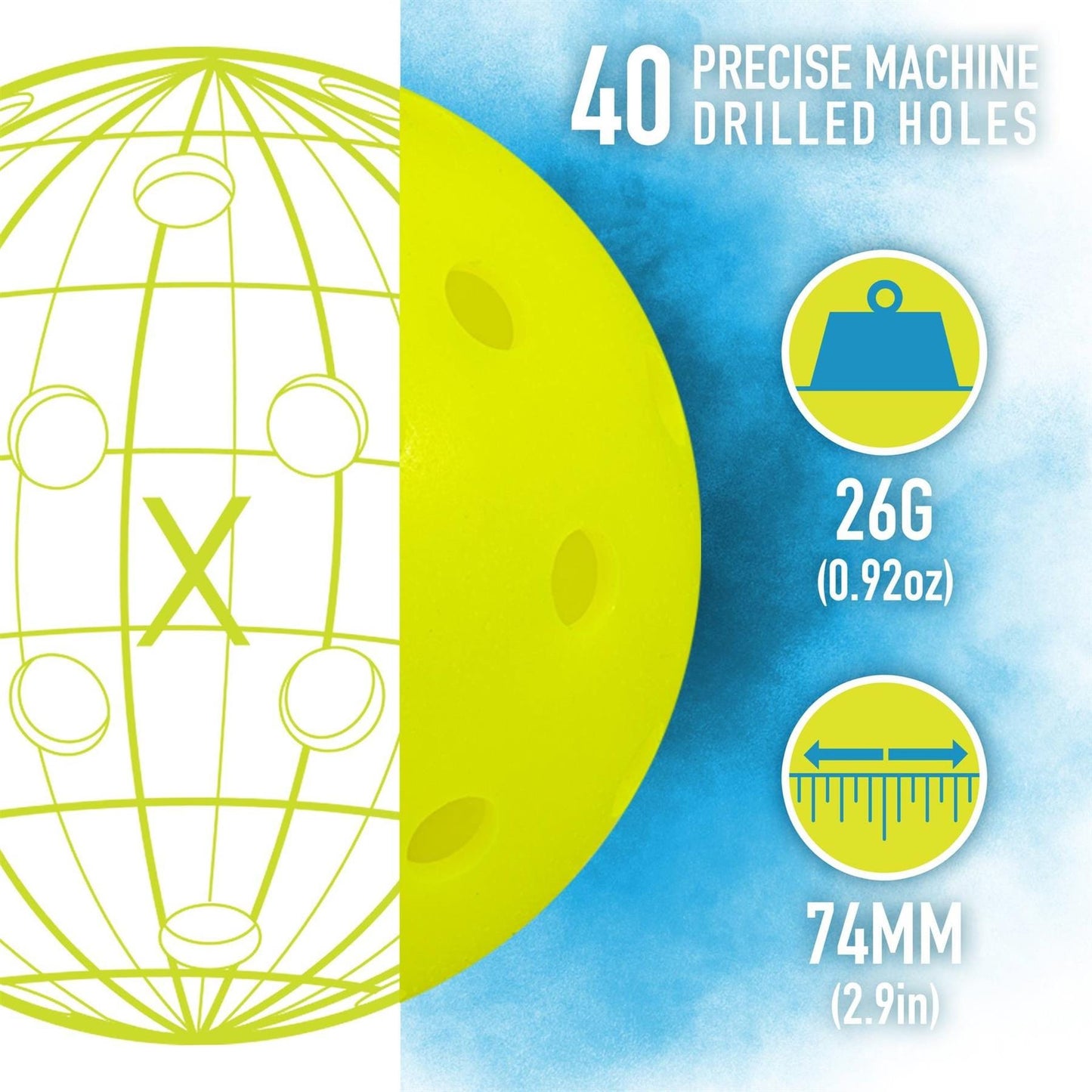 The Franklin Outdoor X-40 Pickleball Balls (3 Ball) in yellow, by Franklin, feature 40 precision-drilled holes, a 26 g weight, and a 74 mm diameter—all displayed on a blue and white background.