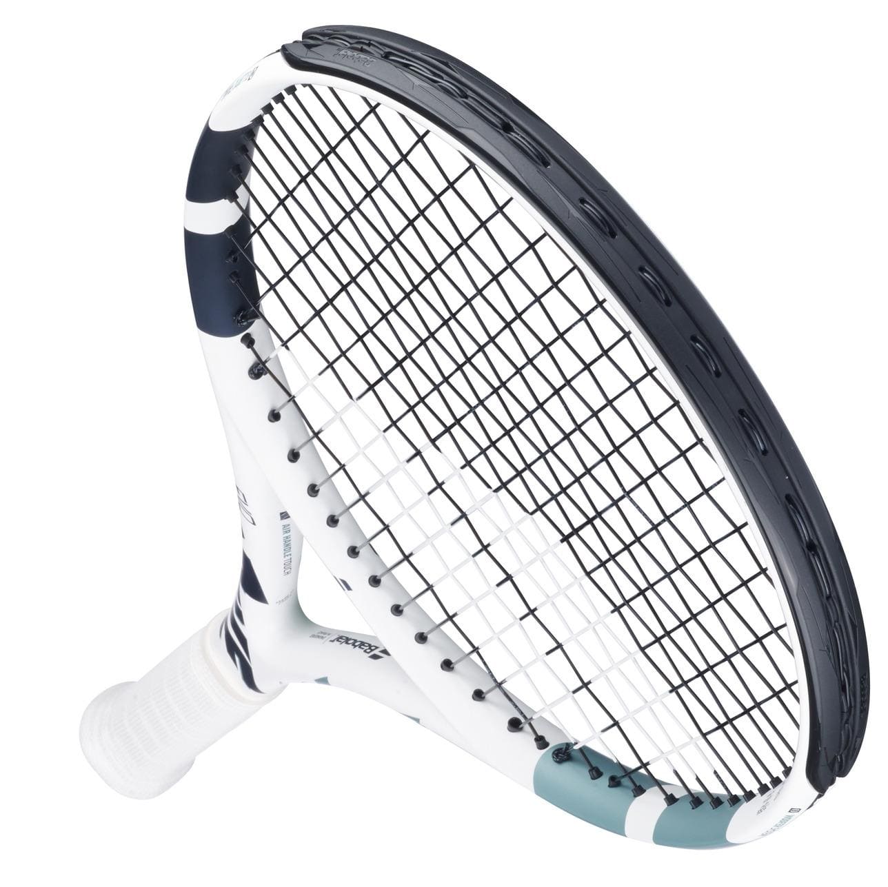 Close-up of a white and black pickleball paddle with an Air Handle Touch and grid surface, featuring a white grip. Its textured design echoes the Babolat EVO Drive Lite Gen 2 Tennis Racket - White and is set against a plain white background.