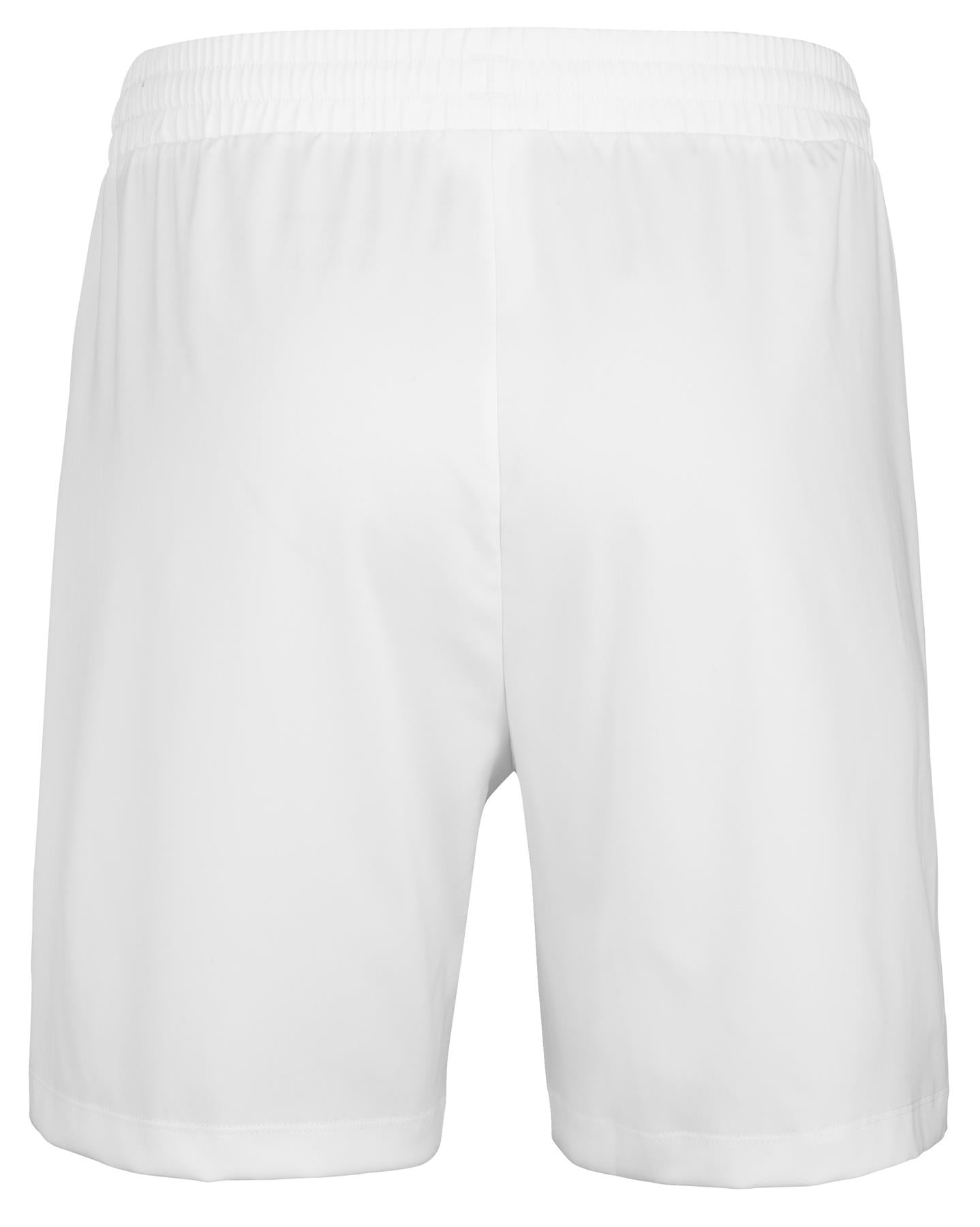 Babolat Play Men's Tennis Shorts in white are displayed from the back, highlighting an adjustable elastic waistband and a smooth, plain recycled polyester fabric.