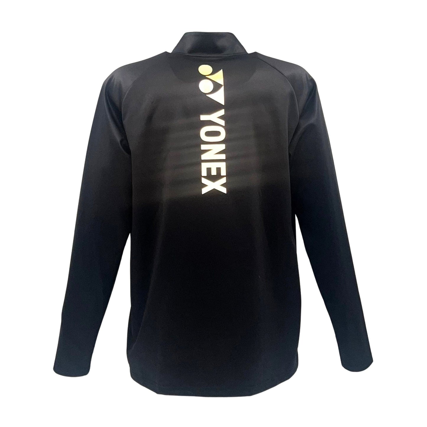 The Yonex YMDL2024 Unisex Tennis Midlayer in black has a high collar and minimalist design, featuring "YONEX" and the logo printed in white vertically on the back. It's crafted from breathable fabric for lightweight insulation.
