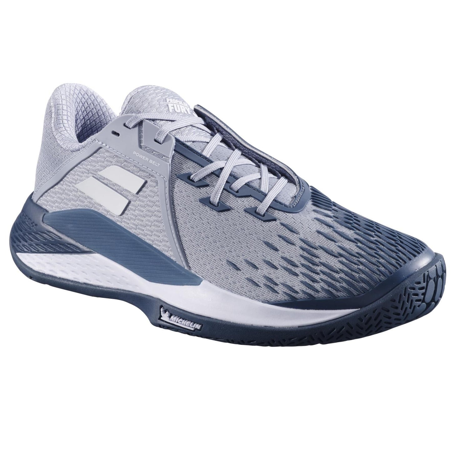 The Babolat Propulse Fury 3 All Court 2025 Men's Tennis Shoes in Grey/White boast a sleek design with textured mesh uppers, dark blue laces, and a durable Michelin rubber sole. Branding on the side and heel emphasizes its performance and style.