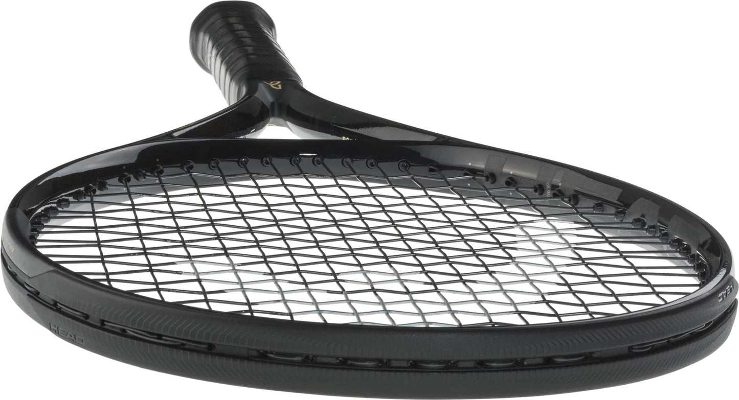 A HEAD Speed MP Legend 2025 Tennis Racket in black and gold is displayed at an angle, highlighting its strings and grip against a white background.
