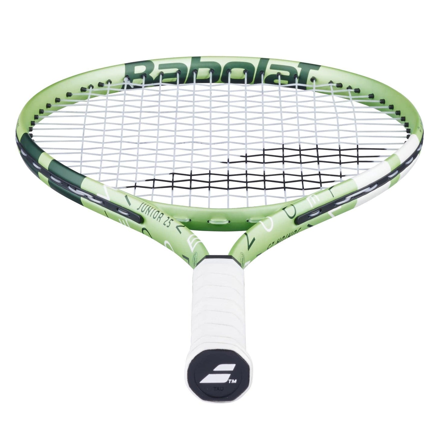 The Babolat Junior 25 Wimbledon 2025 Tennis Racket in Champagne Green features a white grip and is ideal for junior players, with its angled view highlighting the strings and handle.