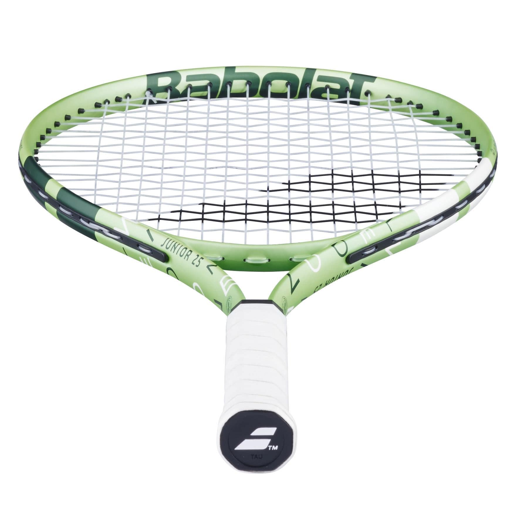 The Babolat Junior 25 Wimbledon 2025 Tennis Racket in Champagne Green features a white grip and is ideal for junior players, with its angled view highlighting the strings and handle.