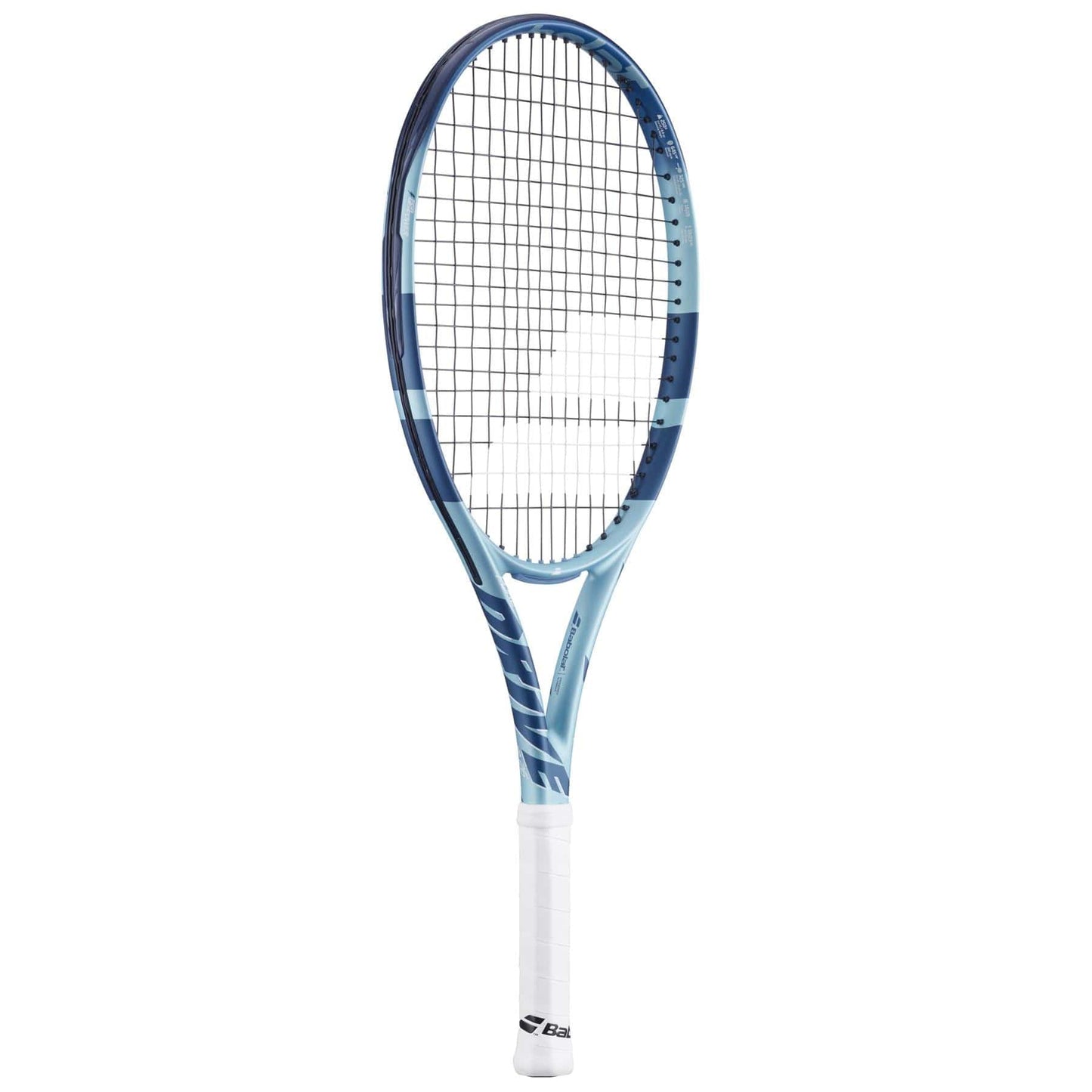 Introducing the Babolat Pure Drive Junior 26 Gen 11 Tennis Racket in light blue, ideal for advanced young players. This racket boasts a white grip and grid-patterned strings, showcasing the Babolat logo on both the frame and strings for a sleek look.