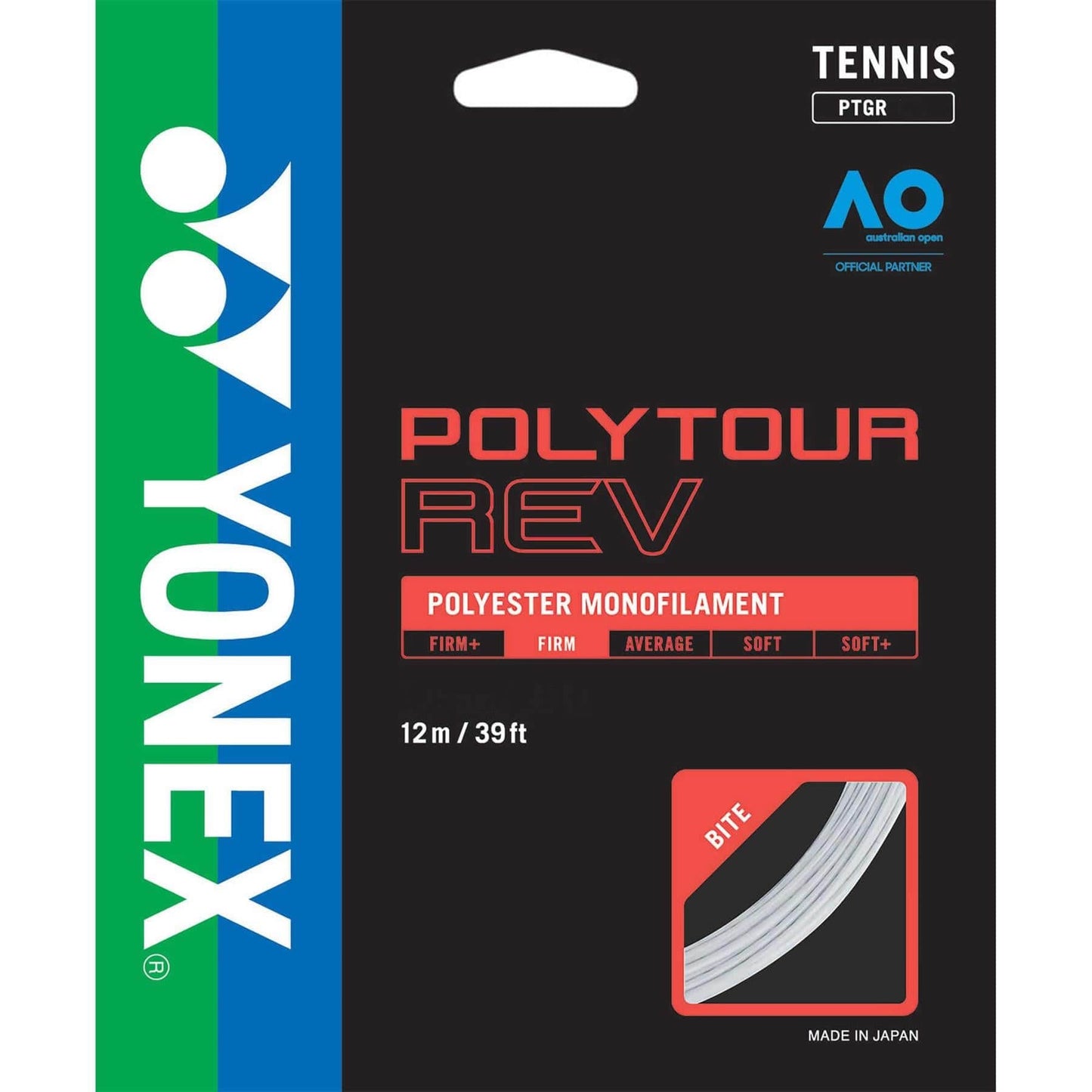 The Yonex Polytour REV Tennis String in white is crafted from polyester monofilament and now includes silicone-infused filament for enhanced spin. The string spans 12m/39ft, emphasizing firmness and bite. Its label features the Yonex and Australian Open logos, showcasing its status as an official partner product made in Japan.