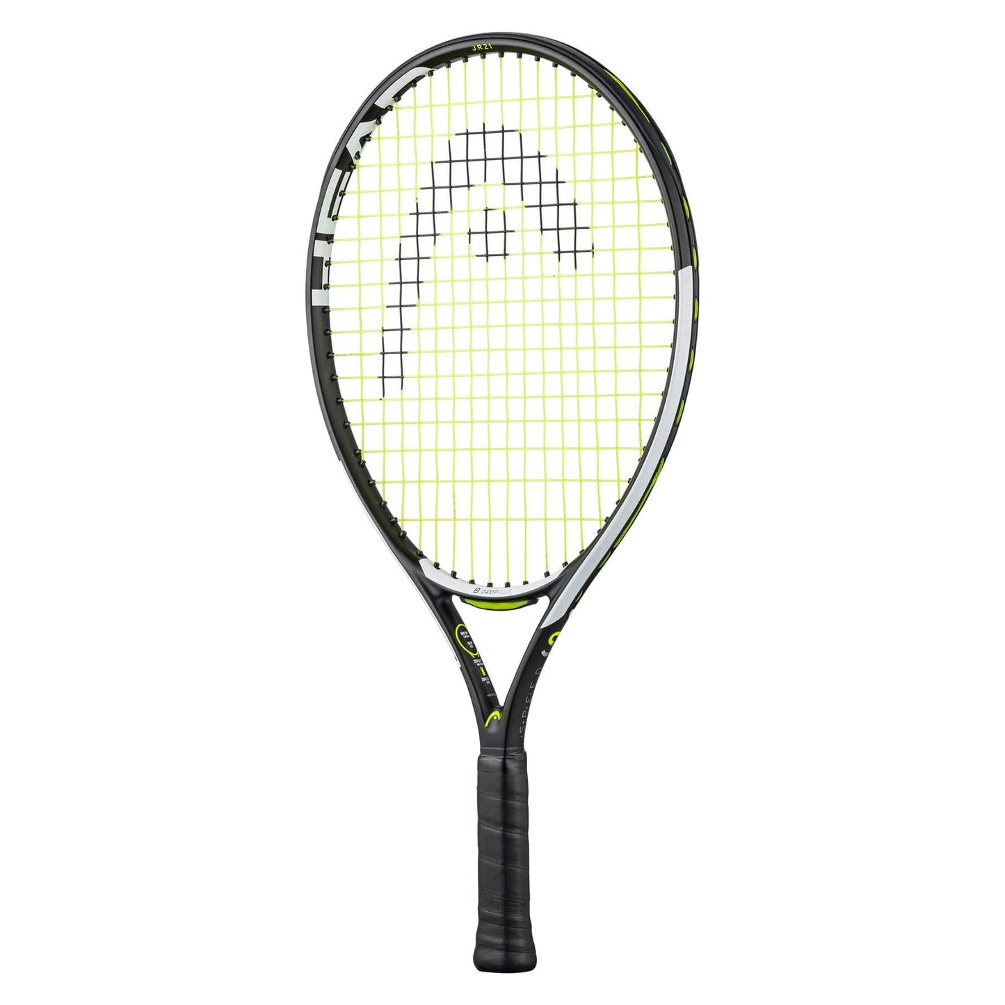 The HEAD IG Speed Junior 21 2024 Tennis Racket - Black showcases a black frame complemented by yellow strings that prominently feature the HEAD logo. It has a handle wrapped in black grip tape, accented with subtle green details for an enhanced design. Equipped with Innegra Technology, this racket provides exceptional stability and shock absorption.