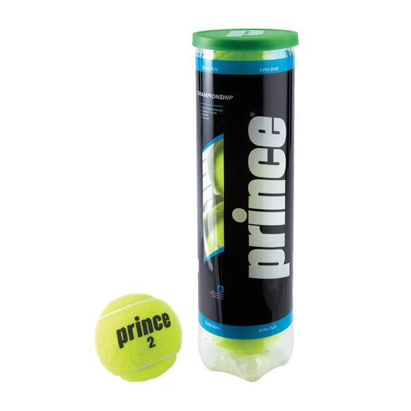 A tube of Prince Championship Tennis Balls - 4 Ball Tube, featuring a green lid, is showcased upright and is perfect for hard court surfaces. Adjacent to it, a single yellow tournament-quality tennis ball with the number "2" catches attention. The tube's label boldly displays the brand name "Prince" in white lettering.