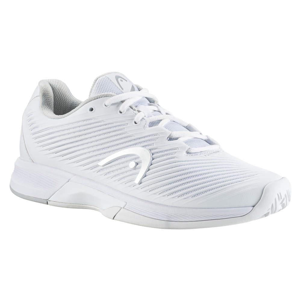 Introducing the HEAD Revolt Pro 4.0 Women's Tennis Shoes in White/Grey—featuring a chic, textured design with understated line patterns. These shoes are enhanced with abrasion resistance, ensuring endurance on and off the court. With a cushioned sole and lace-up closure, they are perfect for sports or casual outings, offering both durability and comfort.