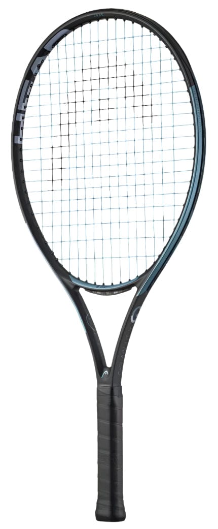 The HEAD Gravity Junior 25 2025 Tennis Racket features a sleek black design with a dark grip and blue-accented frame, showcasing a crisscross string pattern. It includes Auxetic Technology and Graphene Inside, oriented vertically against a white background.