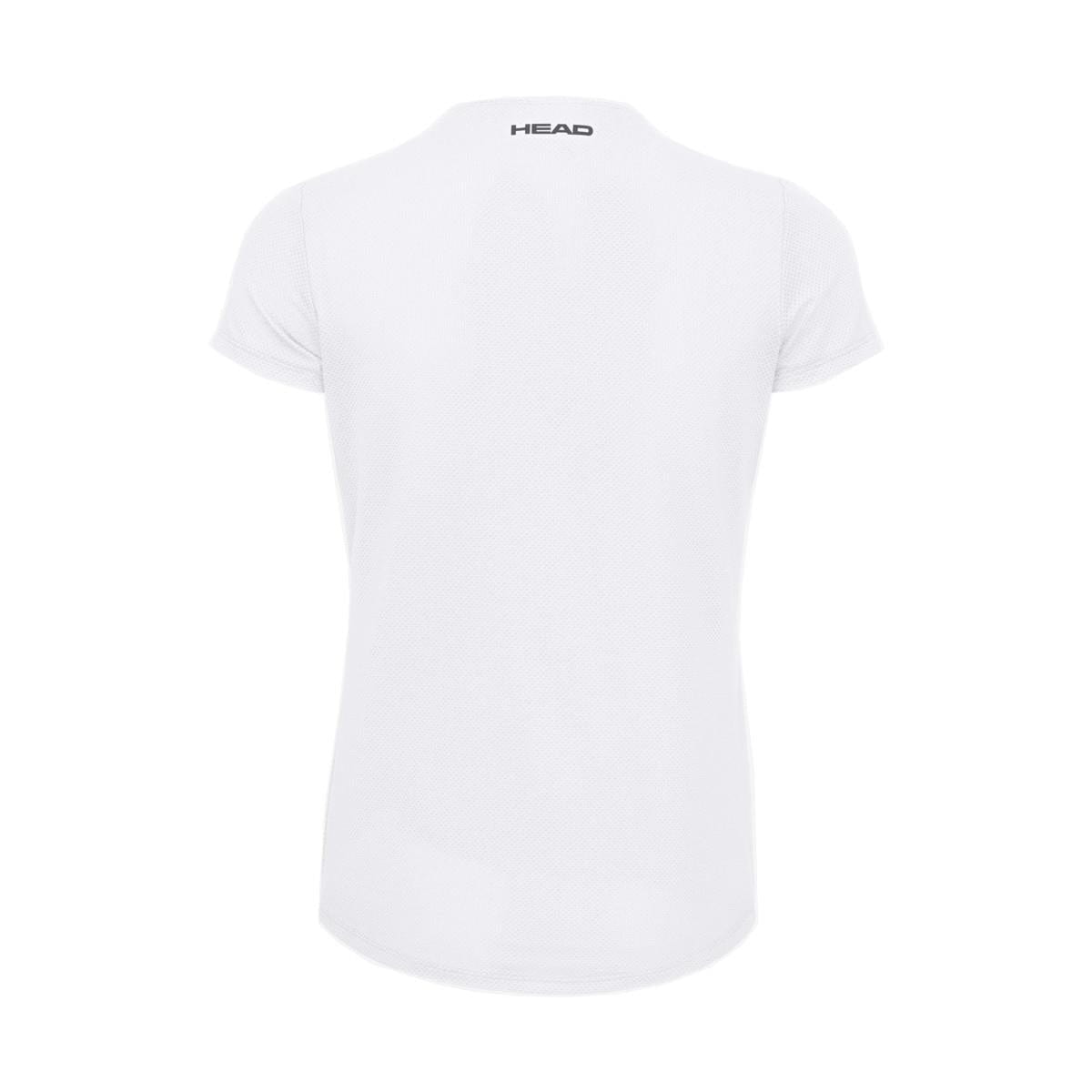 Back view of the HEAD Women's Tie-Break Tennis T-Shirt in white featuring a crew neckline and short sleeves. Made from Moisture Transfer Microfiber, the upper back near the neckline displays the HEAD Sportswear label printed in black.