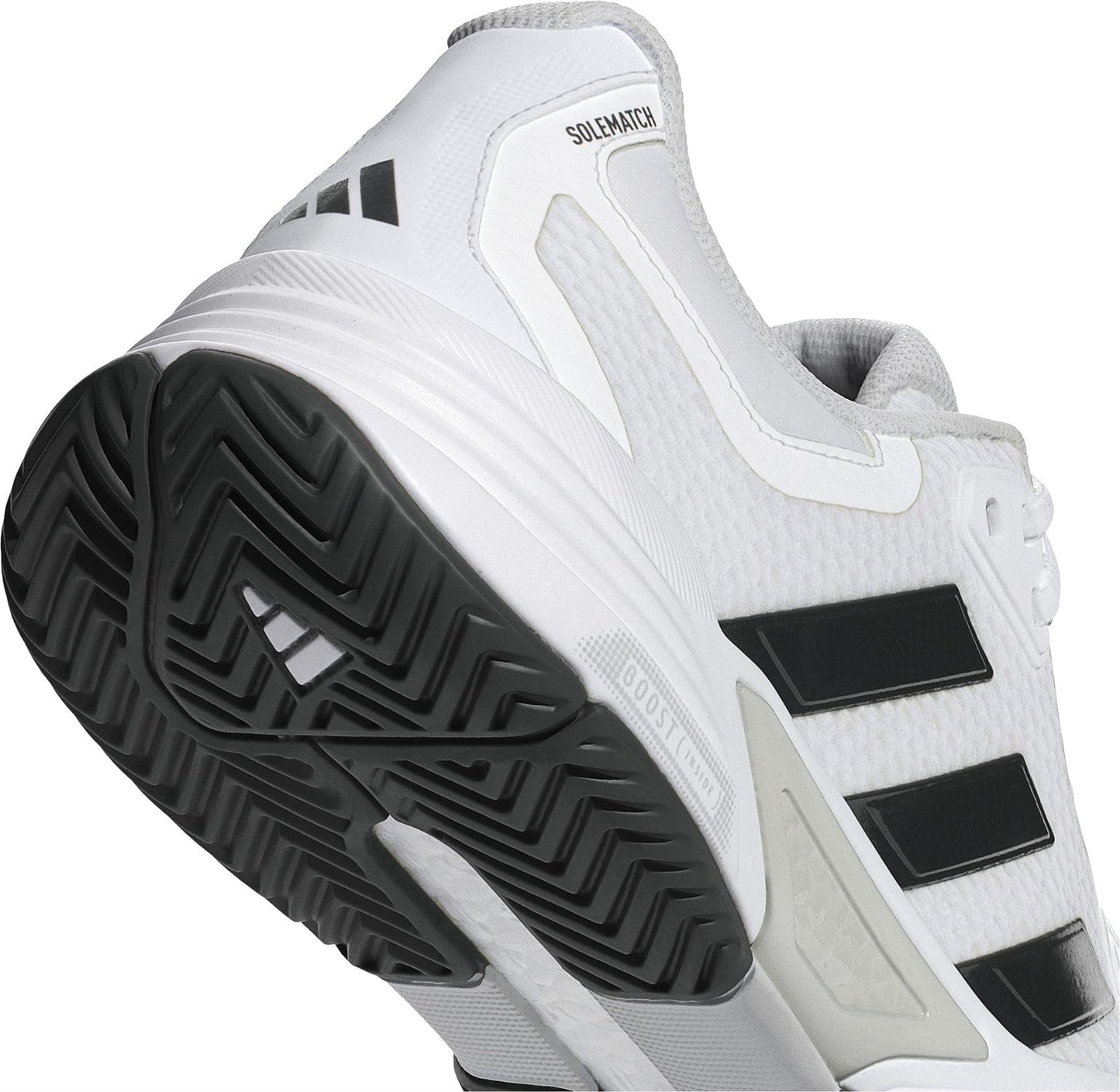 Close-up of the ADIDAS Solematch Control 2 Men's Tennis Shoe by adidas, featuring black stripes, a textured black sole, branding labels, mesh upper design, and ADIDAS BOOST cushioning for added comfort.